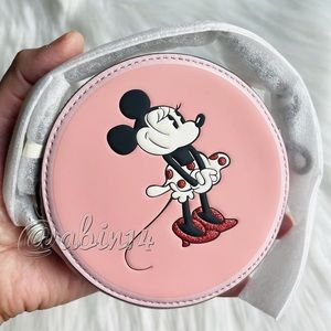 NWT Coach x Disney Minnie Mouse Leather Round Coin Case Wristlet with Chain
